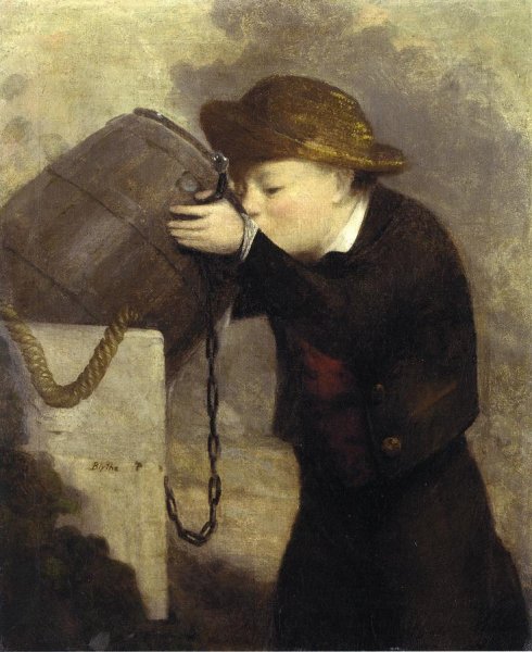 Boy Drinking from a Barrel