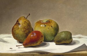 Three Pears and an Apple by David Johnson Oil Painting