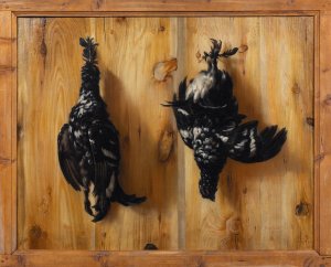 Stilleben med tva orrtuppar mot en bradvagg by David Klocker Ehrenstrahl Oil Painting