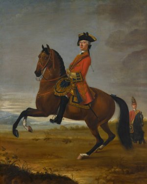 An equestrian portrait of an officer of the 1st troop of horse grenadier guards on a bay charger, with a trooper to the right by David Morier Oil Painting