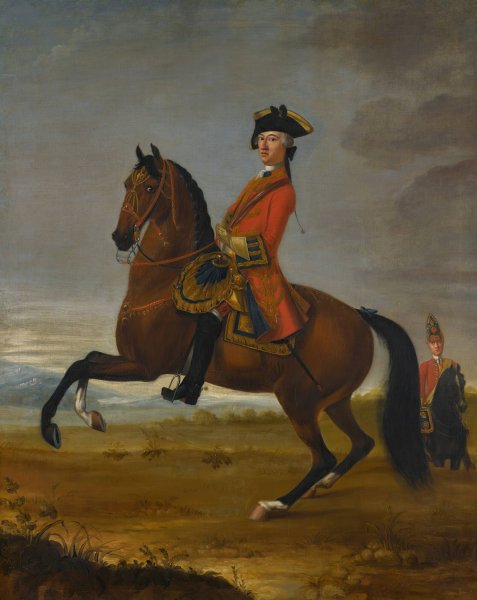 Main Product Photo of An equestrian portrait of an officer of the 1st troop of horse grenadier guards on a bay charger, with a trooper to the right Painting by David Morier