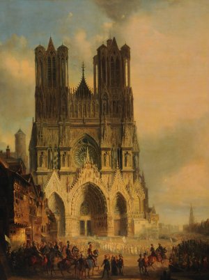 La facade de la Cathedrale de Reims avec une procession medievale et un cortege au premier plan by David Roberts Oil Painting