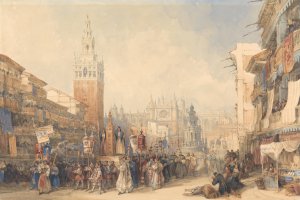 Plaza Real and Procession by David Roberts Oil Painting