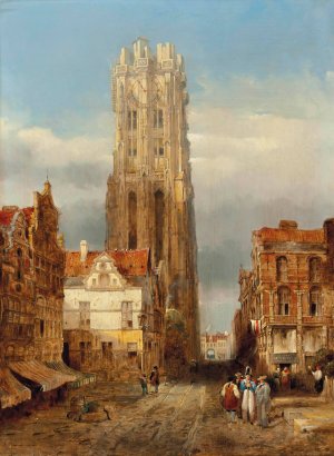 Tower of the church of St Rombouts, Mechelen Oil painting by David Roberts
