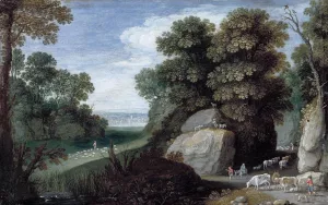Rocky Pastoral Landscape by David Ryckaert The Younger - Oil Painting Reproduction