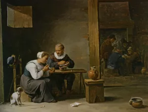 A Man and Woman Smoking a Pipe Seated in an Interior with Peasants by David Teniers The Younger Oil Painting
