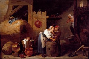 An Interior Scene With A Young Woman Scrubbing Pots While An Old Man Makes Advances