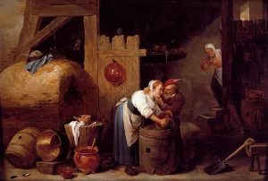 An Interior Scene With A Young Woman Scrubbing Pots While An Old Man Makes Advances painting by David Teniers The Younger