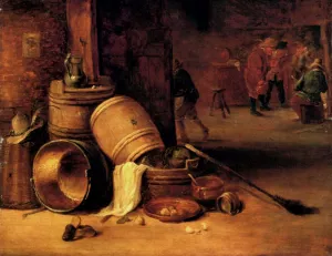 An Interior Scene with Pots, Barrels, Baskets, Onions and Cabbag by David Teniers The Younger - Oil Painting Reproduction
