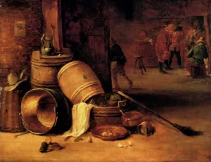 An Interior Scene with Pots, Barrels, Baskets, Onions and Cabbag Oil painting by David Teniers The Younger