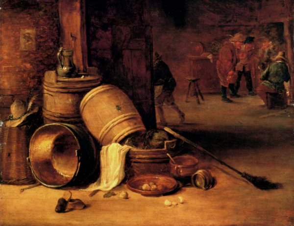 An Interior Scene with Pots, Barrels, Baskets, Onions and Cabbag
