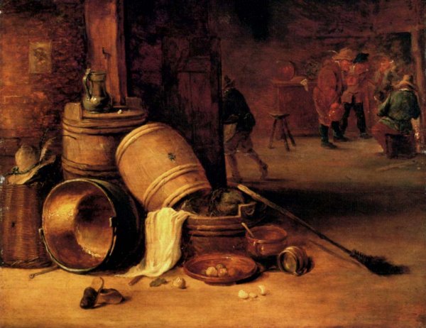 Main Product Photo of An Interior Scene with Pots, Barrels, Baskets, Onions and Cabbag Painting by David Teniers The Younger