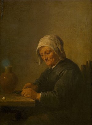 An Old Woman Cutting Tobacco by David Teniers The Younger Oil Painting