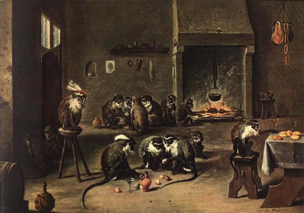 Main Product Photo of Apes in the Kitchen Painting by David Teniers The Younger