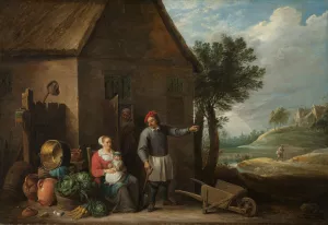 Husbandman at a Cottage Door with a Seated Woman and Child by David Teniers The Younger Oil Painting