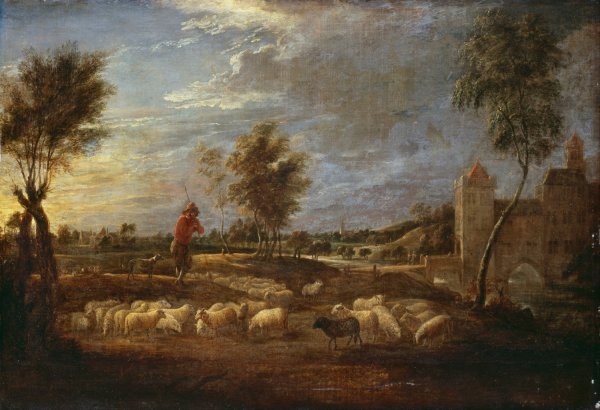 Main Product Photo of Sunset Landscape with a Shepherd and his Flock Painting by David Teniers The Younger
