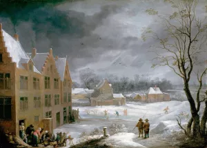 Winter Scene with a Man Killing a Pig by David Teniers The Younger Oil Painting