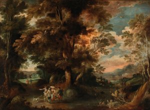 A wooded landscape with travellers by David Vinckboons Oil Painting