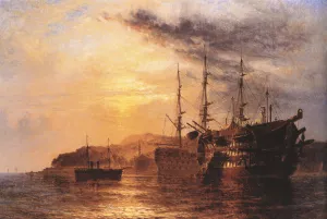 A Three Deck Laying by a Hulk with a Steamship Heading to Shore by Dawson Dawson-Watson Oil Painting