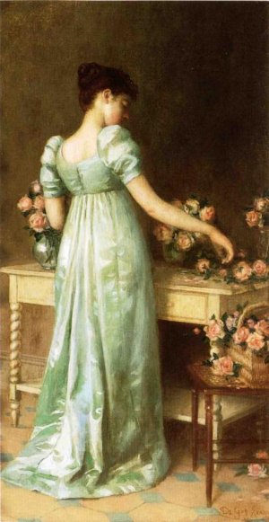 Arranging Pink Roses by De Scott Evans Oil Painting