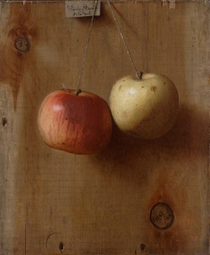Two Hanging Apples by De Scott Evans Oil Painting