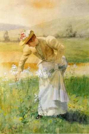 Woman Picking Flowers by De Scott Evans Oil Painting