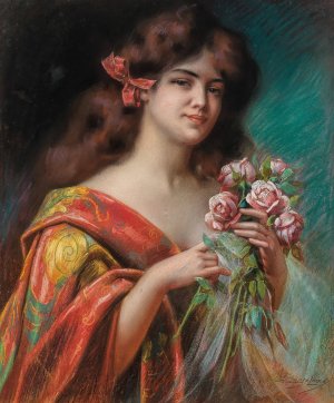 Portrait of a Lady in a Negligee, Holding Roses by Delphin Enjolras Oil Painting