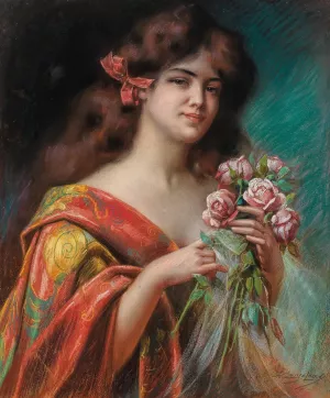Portrait of a Lady in a Negligee, Holding Roses Oil painting by Delphin Enjolras