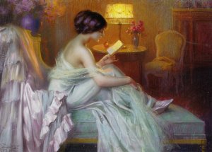 Reading at lamp light by Delphin Enjolras Oil Painting