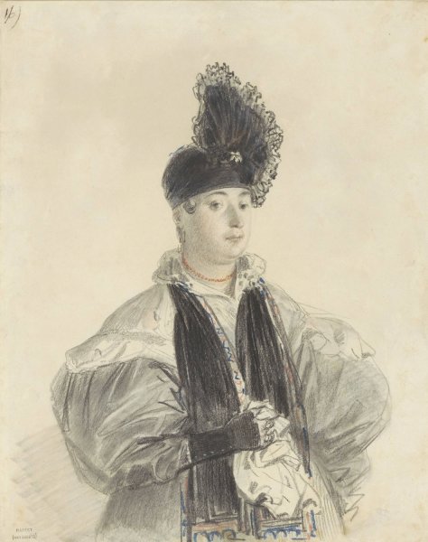Portret van een staande dame met zwarte shawl en zwarte hoed  by Denis Auguste Marie Raffet - Hand-Painted Oil Painting Reproduction