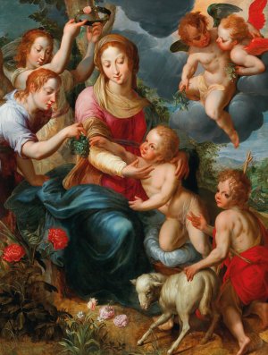 The Virgin and Child with the Infant Saint John the Baptist surrounded by angels by Denys Calvaert Oil Painting