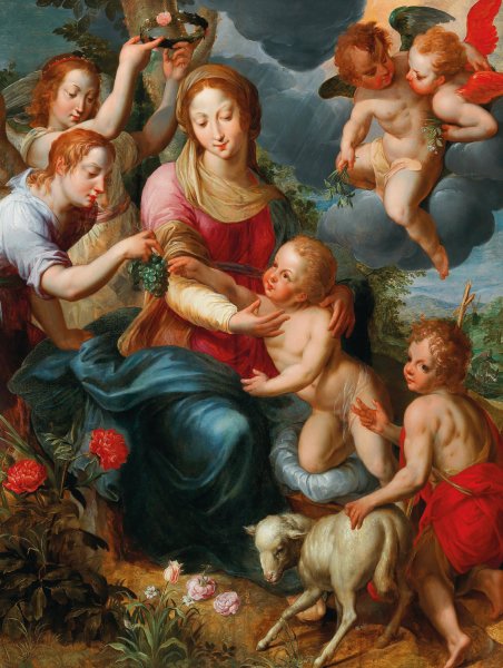 Main Product Photo of The Virgin and Child with the Infant Saint John the Baptist surrounded by angels Painting by Denys Calvaert