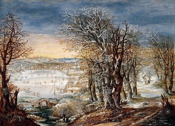 Main Product Photo of Winter Landscape in the Foret de Soignes, with the Flight Into Egypt Painting by Denys Van Alsloot