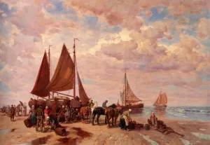 A Coastal Scene Wih Fisherfolk Sorting The Day's Catch, Beached Oil painting by Desire Thomassin