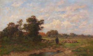 Schafer mit seiner Herde am Dorfrand by Desire Thomassin Oil Painting