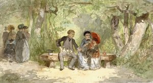 Man, vrouw en kind op een bank in het park by Diederik Franciscus Jamin Oil Painting