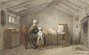 Moeder en dochter bij het ziekbed van een kind by Diederik Franciscus Jamin Oil Painting