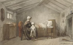 Moeder en dochter bij het ziekbed van een kind by Diederik Franciscus Jamin Oil Painting