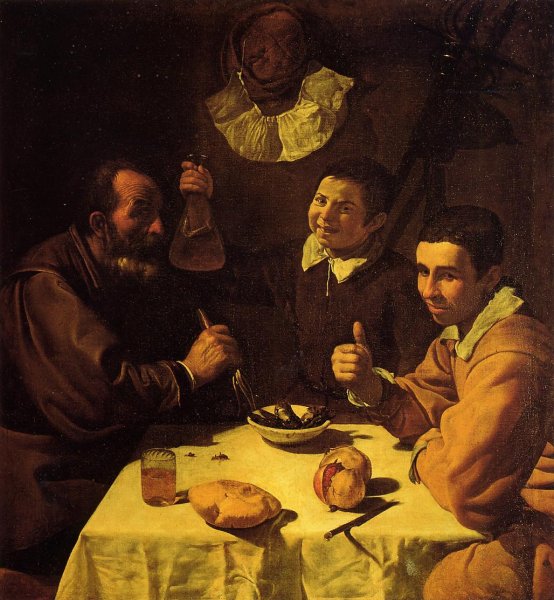 Main Product Photo of Three Men at a Table also known as Luncheon Painting by Diego Velazquez