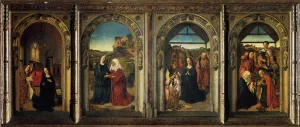 Polyptych Showing The Annunciation The Visitation The Adoration Of The Angels And The Adoration Of The Kings by Dieric The Elder Bouts - Oil Painting Reproduction