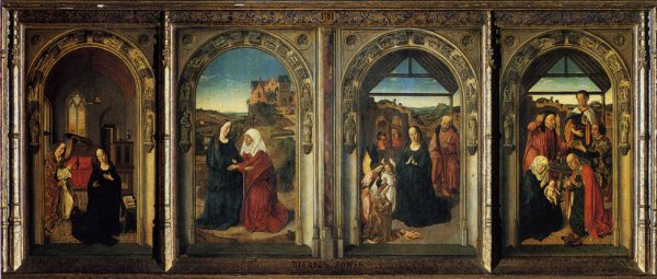 Polyptych Showing The Annunciation The Visitation The Adoration Of The Angels And The Adoration Of The Kings by Dieric The Elder Bouts - Hand-Painted Oil Painting Reproduction