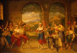 A Saltarello Being Danced In A Roman Osteria by Dietrich Wilhelm Lindau Oil Painting