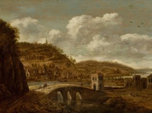 Mountain landscape with a bridge by Dionijs Verburg Oil Painting
