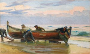 Hauling in the catch by Dionisio Baixeras Y Verdaguer Oil Painting