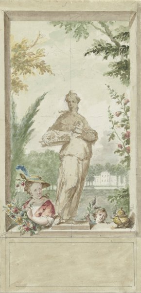 Ontwerp voor een zaalstuk; standbeeld van zintuig Reuk, daarnaast een vrouw en kind met bloemen by Dionys Van Nijmegen Oil Painting