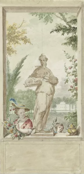 Ontwerp voor een zaalstuk; standbeeld van zintuig Reuk, daarnaast een vrouw en kind met bloemen Oil painting by Dionys Van Nijmegen