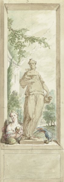 Main Product Photo of Ontwerp voor een zaalstuk; standbeeld van zintuig Smaak, daarnaast een vrouw en papegaai met vruchten  Painting by Dionys Van Nijmegen