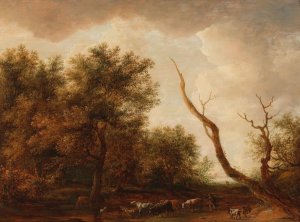 A wooded landscape with a shepherd and his flock by Dirck Dalens Oil Painting