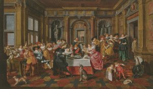 A merry company in a palatial interior, with musicians and tric-trac players by Dirck Hals Oil Painting
