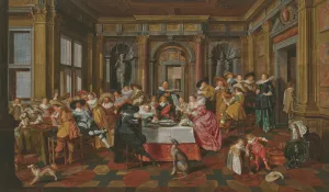 A merry company in a palatial interior, with musicians and tric-trac players by Dirck Hals Oil Painting